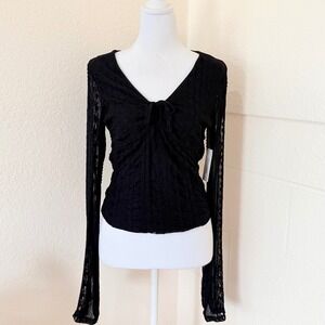 No Comment Lace Top Womens Large Black V-Neck Cinch Front Long Sleeve Whimsygoth